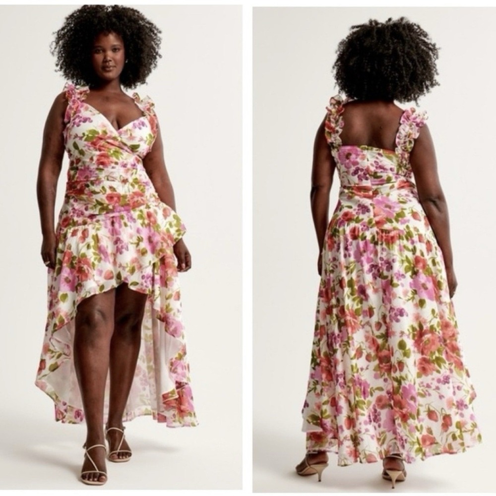 NWT $130 Abercrombie & Fitch Floral Ruffle Strap High-Low Maxi Chiffon Dress 2XL